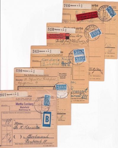 BRD - Bielefeld 1955 5 Paketkarten (Portostufen !) mit Notopfer-Variationen