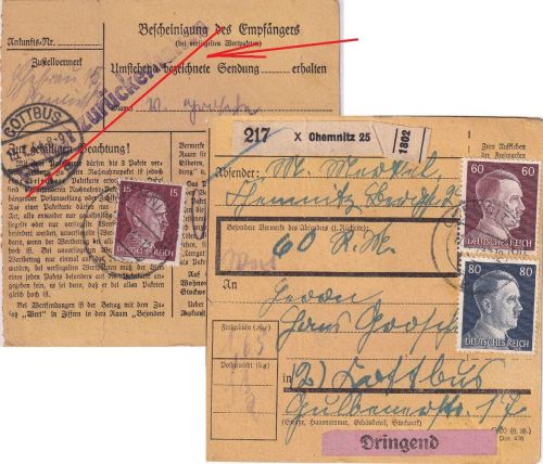 DR - Chemnitz 25 Dringend-Paketkarte n. Cottbus L1 "10 Rpf. zurückerhalten"