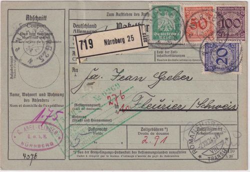 DR - 10 Pfg. Korbdeckel u.a. Paketkarte i.d. SCHWEIZ Nürnberg 25 1.12.24