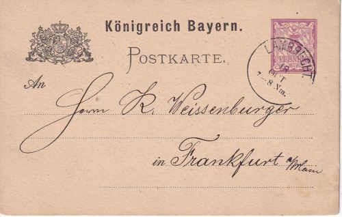 Bayern - Lambrecht 18 OCT K1 (Typ 20a) 5 Pfg Ganzsache Neidenfels - FFM 1884