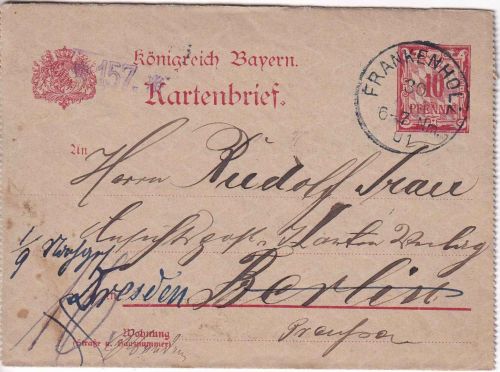 Bayern - Frankenholz 30. AUG 01 K1 10 Pfg. Rauten Ganzsache/Kartenbrief