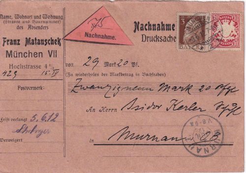 Bayern - 3+10 Pfg. Luitpold/Wappen Nachnahmedrucksache München 1912