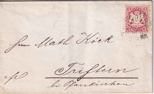 Bayern - 3 Kr. Wappen Wz. "weite Welle" Brief K1 Augsburg 21. NOV (1875)