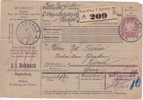 Bayern - 80 Pfg. Wappen Paketkarte i.d. SCHWEIZ Regensburg 3 - 30. OKT 03