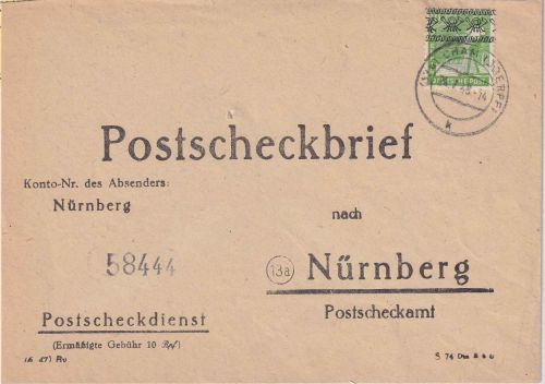 Bizone - 10 Pfg Arbeiter/Band Postscheckbrief Cham - Nürnberg 24.7.48
