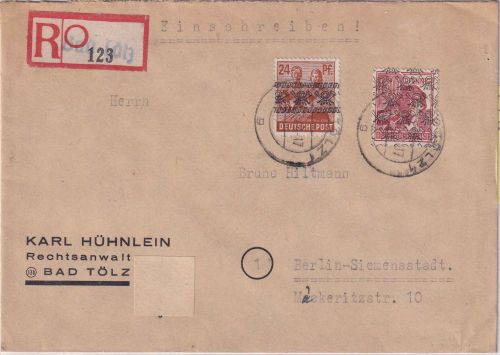 Bizone - 60+24 Pfg Arbeiter/Band/Netz Einschreibebrief bad Tölz - Berlin 31.7.48