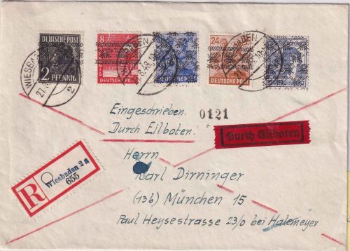 Bizone - 80 Pfg Arbeiter/Netz u.a. Einschreiben-Eilbrief Wiesbaden 27.8.48