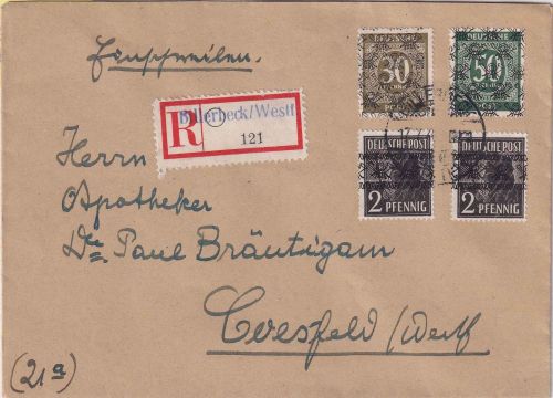 Bizone - 50+30+2x2 Pfg Ziffer/Netz u.a. Einschreibebrief Billerbeck 17.7.48