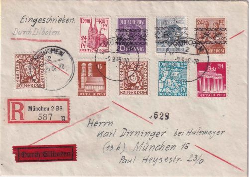 Bizone - München 9.9.48 Orts-Eilboten-Einschreibebrief >20g Mischfrankatur !