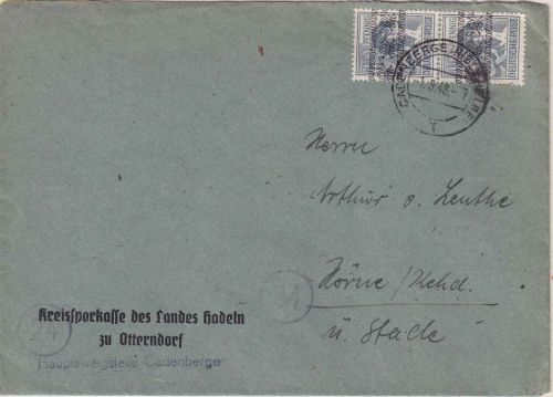 Bizone - 2x12 Pfg. Arbeiter/Band Brief Cadenberge 1.9.48 7 Uhr (!) n. Hörne