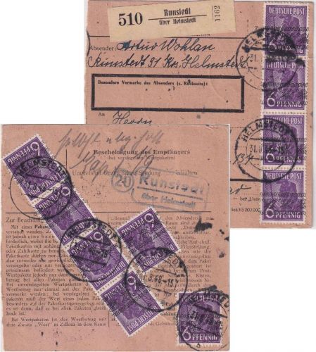 Bizone - 10x6 Pfg. Arbeiter/Band Paketkarte Runstedt ü. Helmstedt 31.8.48