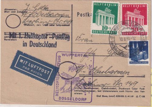 Bizone - 1. Helikopter Postflug Wuppertal Düsseldorf Flugpostkarte 10.6.51