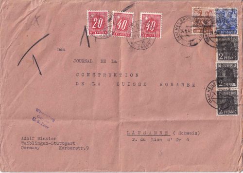 Bizone - 50+24+3x2 Pfg Arbeiter/Band/Netz unterfrank. Brief i.d. SCHWEIZ 24.6.48