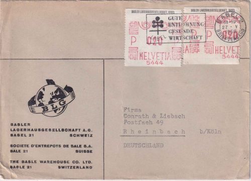 Schweiz - 2x20 Rp Schalterfreistempel Basler Lagerhausgesellschaft Brief 27.5.50
