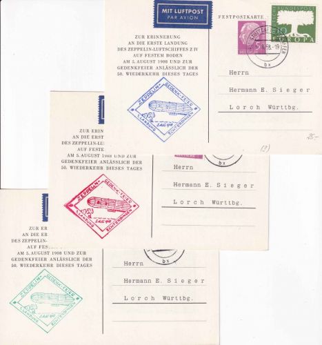 BRD - Echterdingen Zeppelin-Gedenkfeier 1. Landung - 3 Sonderkarten 1958