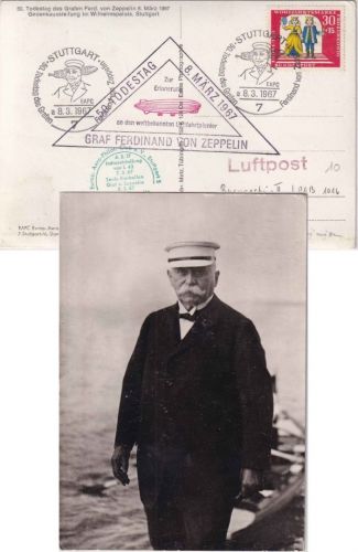 BRD - Stuttgart 1967 SST 50. Todestag Graf Zeppelin Sonderkarte m. Cachet
