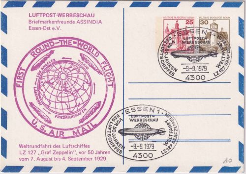 Berlin - 25+30 Pfg. B&S Privatganzsache/Luftpostkarte 50 J. Weltrundfahrt LZ127