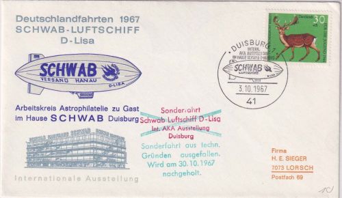 BRD - Duisburg Schwab Luftschiff Deutschlandfahrten 1967 Schmuckkuvert