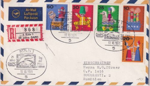 BRD - Köln 1971 25 J. DAPC Luftpost-R-Brief SST + Sonder-R-Zettel n. RUMÄNIEN