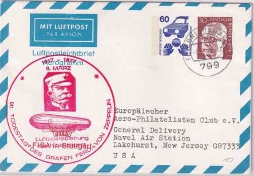 BRD - 60+30 Pfg. Privatganzsache/Aerogramm Cachet 50. Todestag Zeppelin 1977