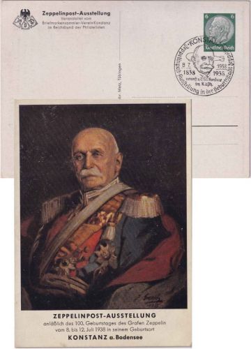 DR - Konstanz 1938 Zeppelinpost-Ausstellung 100. Geb. 6 Pfg. Privatganzsache SST