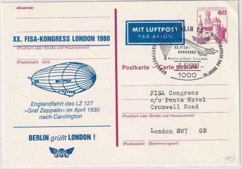 Berlin - XX. FISA-Kongress London/50 J. Zeppelin Englandfahrt 60 Pfg. GA 1980