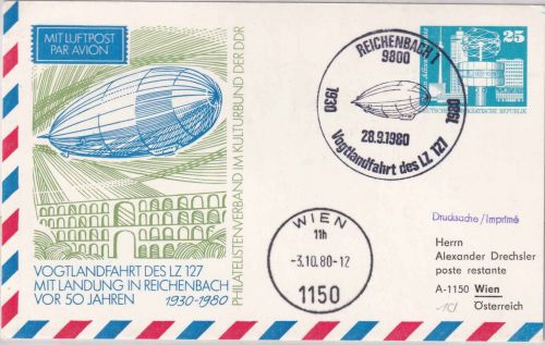 DDR - 25 Pfg Privatganzsache/Luftpostkarte 50 J. Zeppelin Vogtlandfahrt SST 1980