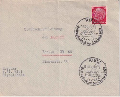 DR - Kiel 23.8.39 ISCYRA Weltmeisterschaft d. Starboote SST Brief n. Berlin