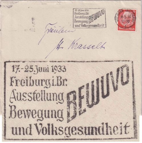 DR - Freiburg Br. 16.5.33 BEWUVO Ausstellung Bewegung u. Volksgesundheit Brief