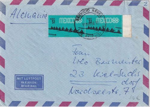 Mexiko - 2x1 P. Rudern Luftpostbrief Mexico City - Kiel 1968