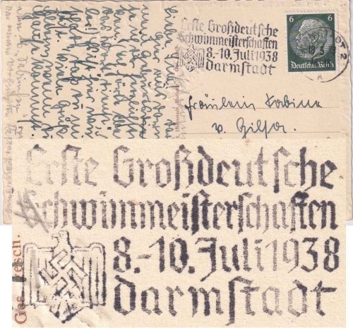 DR - Darmstadt 1938 Erste Großdeutsche Schwimmeisterschaften Masch.werbestempel