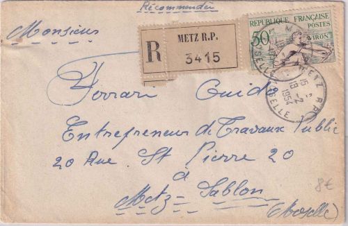 Frankreich - 50 Fr. Rudern Ortseinschreibebrief Metz R.P. - Metz-Sablon 1954