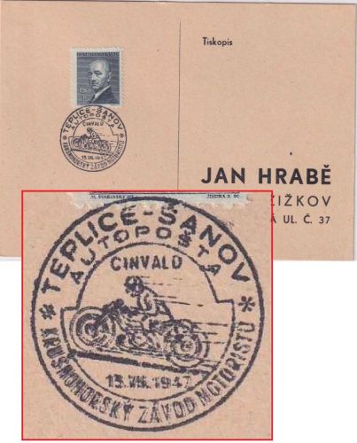 CSSR - Teplice-Sanov 1947 SST Krušnohorský závod motoristů Drucksachenkarte