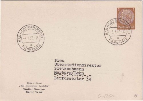 DR - Bad Doberan Rennplatz 8.8.37 Tagesstempel Drucksachenkarte n. Marburg