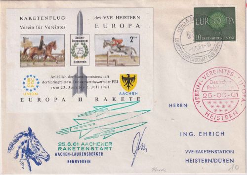 BRD - Aachen 1961 Springreiter-EM Raketenpost Schmuckkuvert m. Vignette