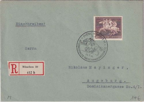 DR - 42 Pfg. Braunes Band Einschreibebrief SST München-Riem - Augsburg 1941