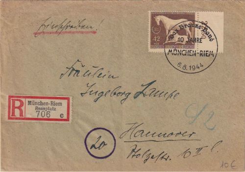 DR - 42 Pfg. Braunes Band Einschreibebrief SST München-Riem - Hannover 1944