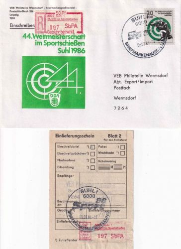 DDR - Suhl 1986 44. WM Sportschießen Schmuckkuvert m. Sonder-R-Zettel