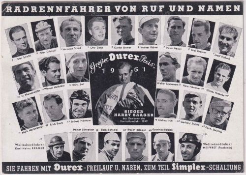 Bizone - Durex/Simplex (Fahrräder, Schaltungen) Werbekarte Radrennsport 1951