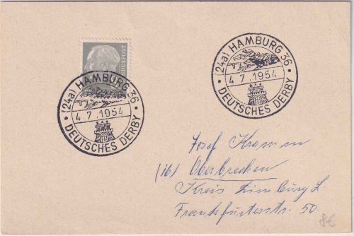BRD - Hamburg 36 1954 SST Deutsches Derby Drucksachenkarte n. Oberbuchen
