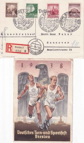 DR - Breslau 1938 Dt. Turn- u. Sportfest Satz/Einschreibekarte + Sonderkarte
