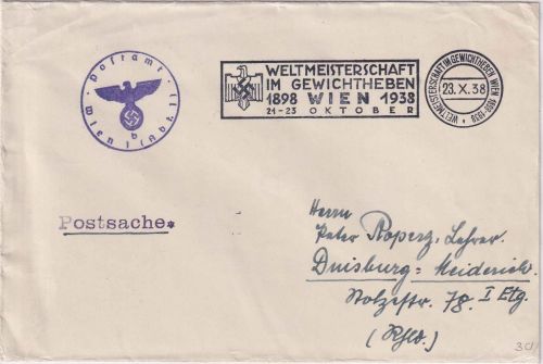 DR - Wien 1938 Masch.-SST Weltmeisterschaft i. Gewichtsheben unfrank. Postsache