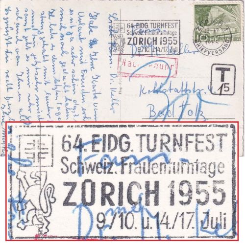 Schweiz - Zürich 1955 64. Eidg. Turnfest/Schweiz. Frauenturntage Karte Nachporto