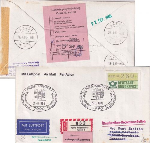BRD - Friedrichshafen 1986 SST 57. Schwäb. Turnfest Lupo-Einschreibebrief