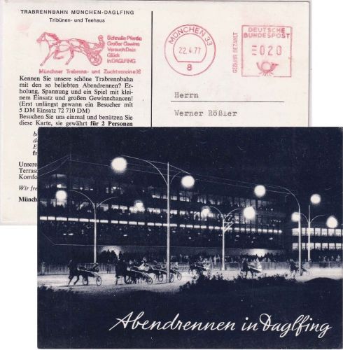 BRD - München 33 22.4.77 20 Pfg. AFS "Münchner Trabrenn- u. Zuchtverein" Karte