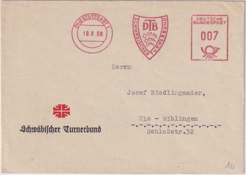 BRD - Stuttgart 1958 7 Pfg. AFS "DTB Schwäbsicher Turnerbund" Drucksachenbrief