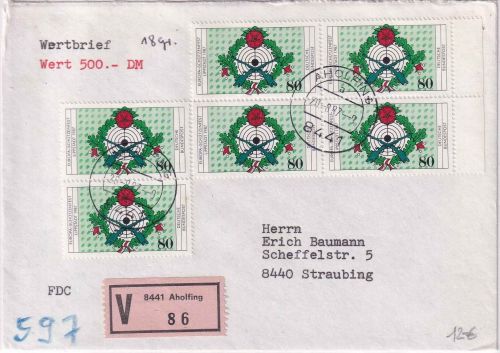 BRD - 6x80 Pfg. Europa-Schützenfest Lippstadt Wertbrief/FDC Straubing 20.8.87