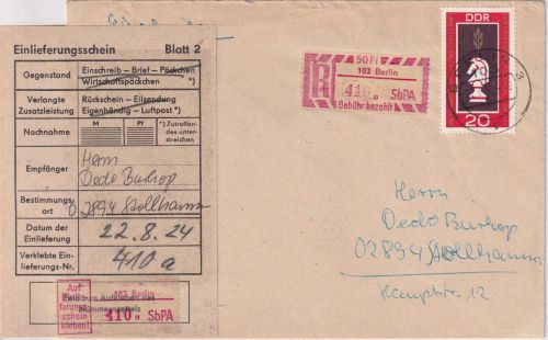 DDR - 20 Pfg. Schach-WM + 50 Pfg. SbPA-R-Zettel Einschreibbrief Berlin 1969