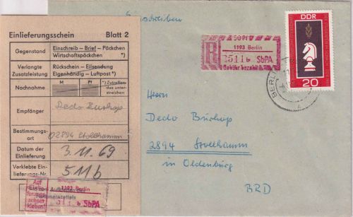 DDR - 20 Pfg. Schach-WM + 50 Pfg. SbPA-R-Zettel Einschreibbrief Berlin 1969