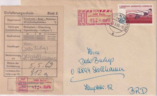 DDR - 20 Pfg. Hochsprung + 50 Pfg. SbPA-R-Zettel Einschreibbrief Berlin 1969